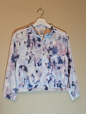 adidas Girl's Floral Watercolor Bomber Jacket in Light Blue and Pink